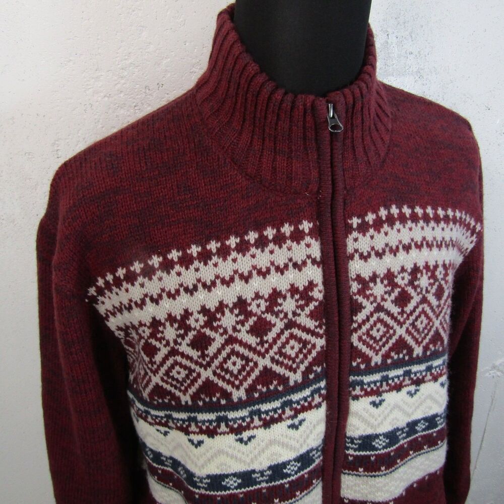 Atlas For Men Full Zip Sweater Cardigan Men's L Fair Isle Lined Maroon Red